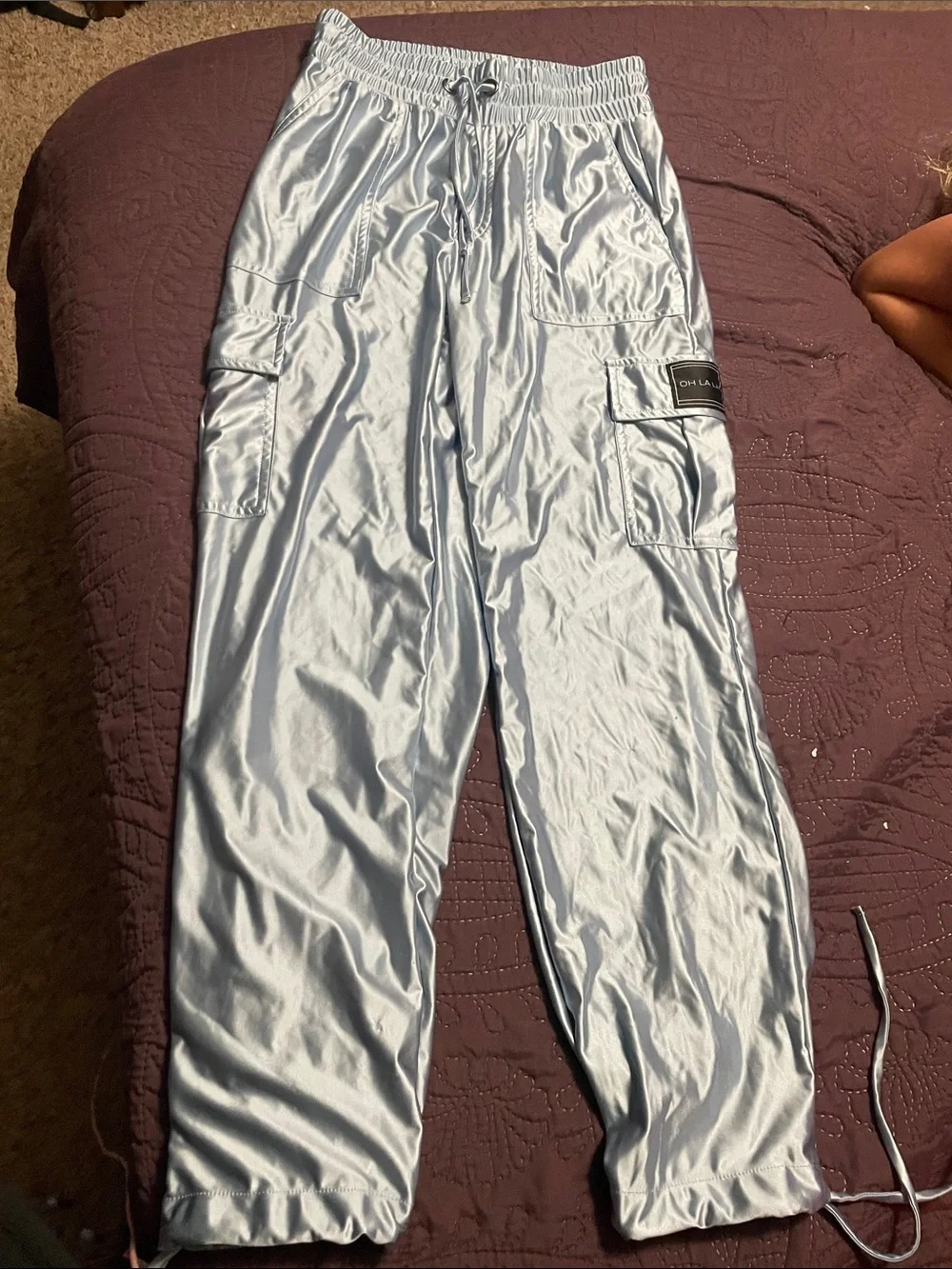 Light Blue Satin Cargo Jogger Pants - Oh La La